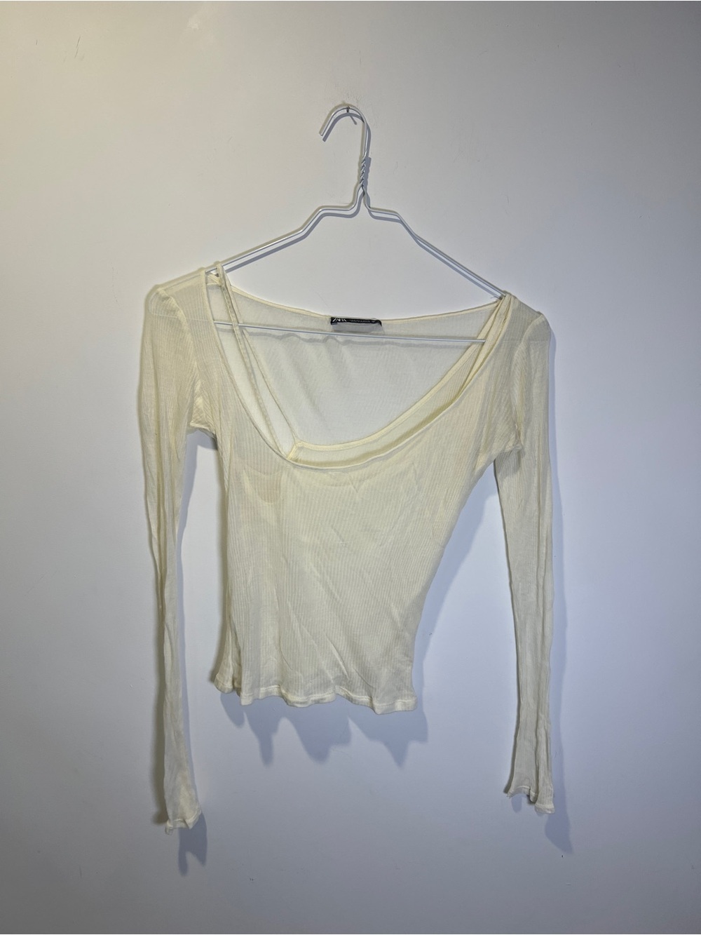 Zara Cream Ribbed Long-Sleeve Scoop Neck Wrap Top with Tank size S